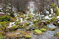 Mountain creek, snow and moss covered rocks and iconic waterfall Tupavica Royalty Free Stock Photo