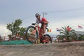 Mountain cyclists cross obstacles on a circuit Royalty Free Stock Photo