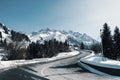 Mountain dangerous curved road in winter mountains.