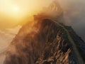 Mountain defile at sunrise, narrow path between towering cliffs, aerial view, dramatic lighting