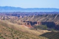 Mountain desert landscape in the steppe of Kazakhstan with a view of the canyon of the Timerlik River, a tributary of the Charyn