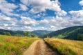 Mountain dirt road at sunny bright day in summer. Landscape