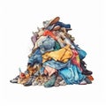 mountain of discarded clothes, textile waste, consumption problems and \