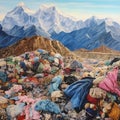 mountain of discarded clothes, textile waste, consumption problems and \