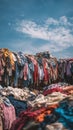 A stunning image of mountain of discarded clothing under a blue sky creates a textile waste. Royalty Free Stock Photo