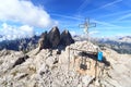 Mountain Drei Zinnen and Paternkofel summit cross in South Tyrol