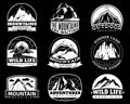 Mountain emblems. Mountaineering camp and adventure tourism, hiking expedition retro labels vintage vector logo, badge