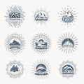 Mountain emblems. Mountains set of monochrome vintage badges, mountaineering camp and adventure tourism, hiking