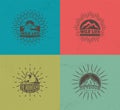 Mountain emblems. Set of four vector colored vintage badges, mountaineering camp and tourism, hiking expedition labels