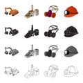 Mountain excavator, mine building, protective respirator, helmet miner. Mining industry set collection icons in cartoon