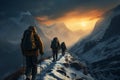 Mountain exploration Hikers with backpacks traverse snowy peaks at sunset