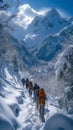 Mountain exploration Snowshoers trekking through a picturesque winter wilderness