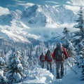 Mountain exploration Snowshoers trekking through a picturesque winter wilderness