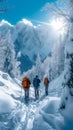 Mountain exploration Snowshoers trekking through a picturesque winter wilderness