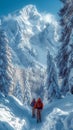 Mountain exploration Snowshoers trekking through a picturesque winter wilderness