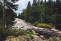 Mountain fast river stream of water in the rocks with green forest in Finland