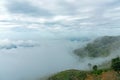 The mountain field during mist sunrise. Beautiful natural landscape in the summer time.