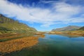 Mountain and fjord landscape, norwegian sea at Holandsmelen, Vestvagoy, Lofoten Islands, Norway