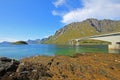 Mountain and fjord landscape, norwegian sea at Holandsmelen, Vestvagoy, Lofoten Islands, Norway