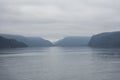 Mountain fjord sea foggy landscape view, Norway