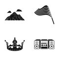 Mountain, flag and other web icon in black style. crown, music center icons in set collection.