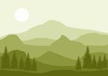 mountain flat landscape vector illustration. Vector horizontal landscape with fog, forest, mountains and morning sunlight. Royalty Free Stock Photo