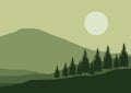 mountain flat landscape vector illustration. Vector horizontal landscape with fog, forest, mountains and morning sunlight. Royalty Free Stock Photo