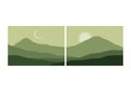 mountain flat landscape vector illustration. Vector horizontal landscape with fog, forest, mountains and morning sunlight. Royalty Free Stock Photo
