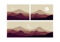 mountain flat landscape vector illustration. Vector horizontal landscape with fog, forest, mountains and morning sunlight. Royalty Free Stock Photo