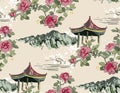 Mountain flower blossom arbor nature landscape view vector japanese chinese oriental line art ink seamless pattern