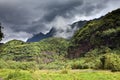 Mountain in a fog and clouds and road. Tropical nature. Tahiti. Polynesia.