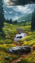 Mountain and Fogy Rain Forest Lake of Landscape Background AI Generative