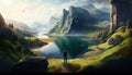 Mountain and Fogy Rain Forest Lake of Landscape Background AI Generative