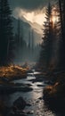 Mountain and Fogy Rain Forest Lake of Landscape Background AI Generative