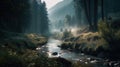 Mountain and Fogy Rain Forest Lake of Landscape Background AI Generative