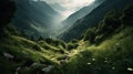 Mountain and Fogy Rain Forest Lake of Landscape Background AI Generative