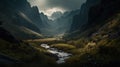 Mountain and Fogy Rain Forest Lake of Landscape Background AI Generative