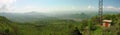 Mountain, forest and banner of radio tower with blue sky for military operation, base or outdoor checkpoint in nature Royalty Free Stock Photo