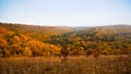 Mountain forest with green, yellow and orange autumn leaves, nature masterpiece on cloudy and misty October morning