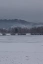 Mountain and forest landscape in the mist with snow, grey sky Royalty Free Stock Photo