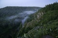 Mountain forest landscape. Trees and the river in the fog in the early morning. Royalty Free Stock Photo