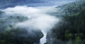 Mountain forest landscape. Trees and the river in the fog in the early morning. Panorama. Royalty Free Stock Photo