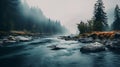 Serene River Landscape With Fog And Rocks