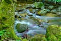 Mountain forest stream with fast flowing water and rocks, long exposure. Royalty Free Stock Photo