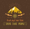 Mountain and forest. Vector hand drawn travel illustration for t-shirt print or poster with hand-lettering quote. Royalty Free Stock Photo