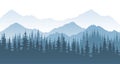 Mountain forest - vector landscape illustration with silhouette or rocks and trees.