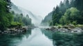 Serene River Surrounded By Mountains And Trees