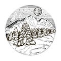 Mountain with forest in the winter night. Vector illustration of round landscape. Royalty Free Stock Photo