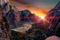 Mountain formations and red rock layers of Zion at dusk. Royalty Free Stock Photo