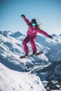 Mountain Free Woman Wearing Pink Snow Suit And Jumping Princess Tech Wear Girl Wearing Uniform On Sunny Weather